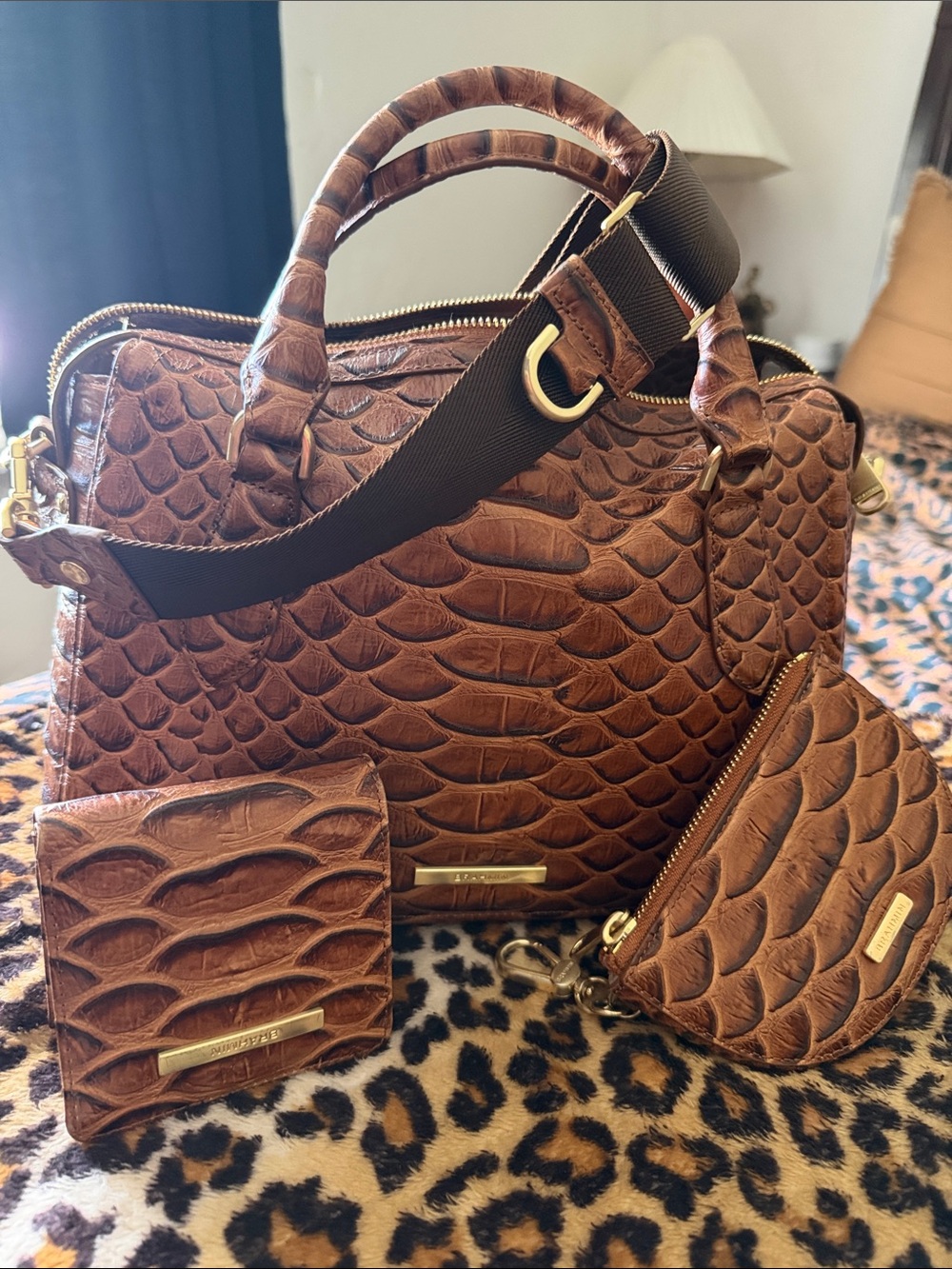 Brown Textured Faux-Croc Satchel Bag with Wallet & Coin Pouch